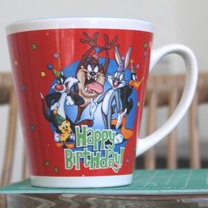 Warner Bros Looney Tunes Happy Birthday Mug 2003 Bugs Bunny Taz Red Blue 4.5in